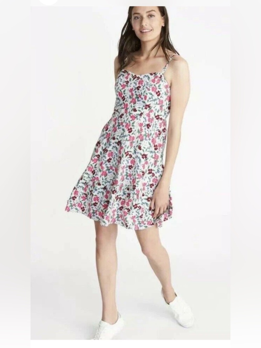 Old Navy White Floral A-Line Midi Dress with Pink & Red Blooms. Size - M Tall
